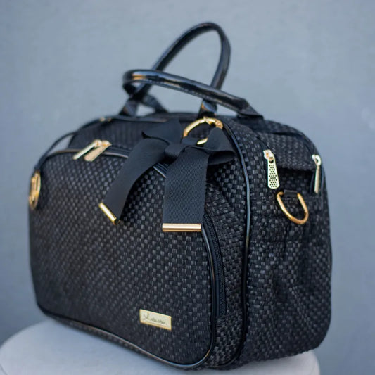 Bolsa da Mamãe - Palha Preta com Detalhes em Couro Verniz