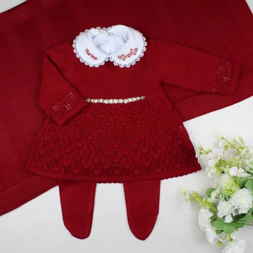 Saída De Maternidade Feminina Bebê Tricô 7 Peças Maitê - ACOMPANHA BODY PERSONALIZADO                                                                        Vermelha
